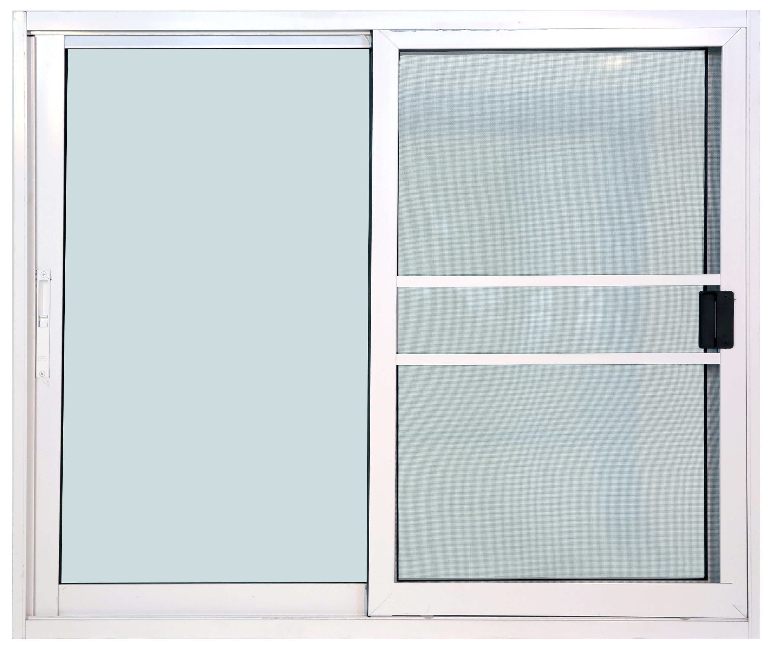 หน้าต่างบานเลื่อน 2ช่อง อลูมิเนียมสีอบขาว+กระจกใสเขียว+มุ้ง 120ซม.*110ซม.(ล็อคกลาง)